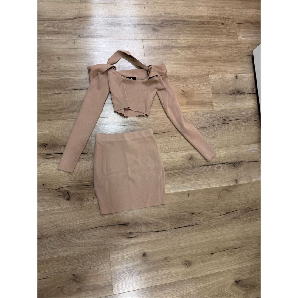 Two piece set light brown size 2 long sleeve crop top and mini skirt